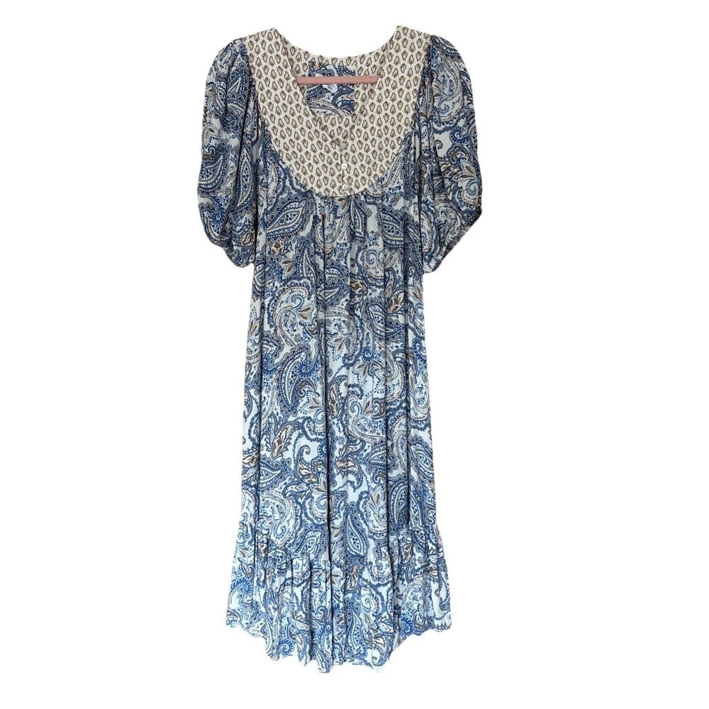 Lucky Brand V-Neck Puff Sleeve Boho Peasant Blue Paisley Midi Dress Sz XL